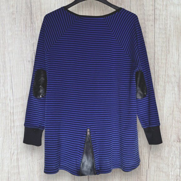 CALVIN KLEIN Performance Waffle Knit Blue Black Stripe Faux Leather Trim Top 2X - Picture 2 of 3
